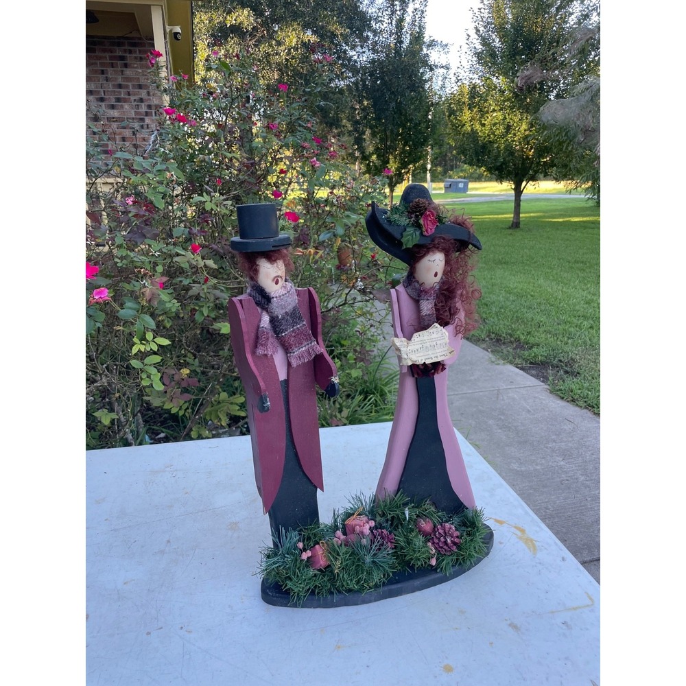 Christmas Wooden Woman Man Couple Handmade Pauline Red Green Décor 23" Signed